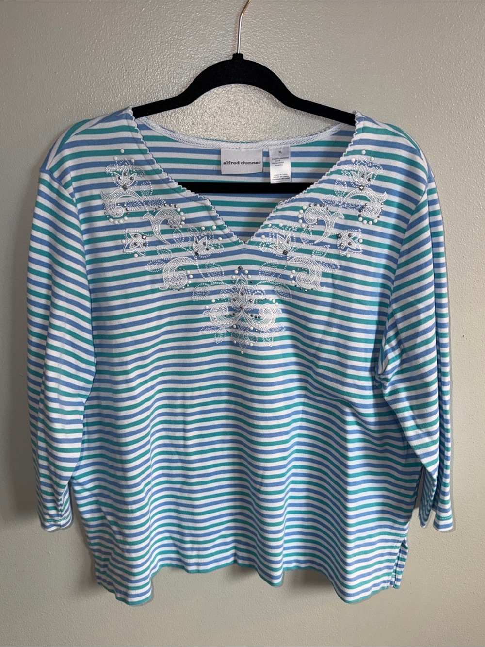 Alfred Dunner Aqua & White Striped Embroidered V-Neck Top Size XL